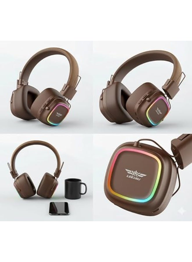 LS-258 Wireless Bluetooth 5.4 Over-Ear Headphones with Type-C Charging, LED Lights, Stereo Sound (Brown) - Image 2